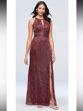 R&M Richards Metallic Burgundy Halter  Gown